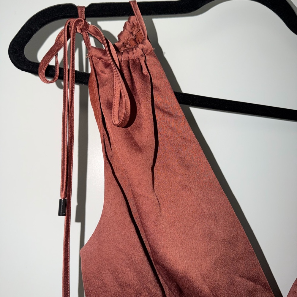 Lulu's Rust-Brown Wide-Leg Jumpsuit with Tie Shoulder - Picture 3 of 4